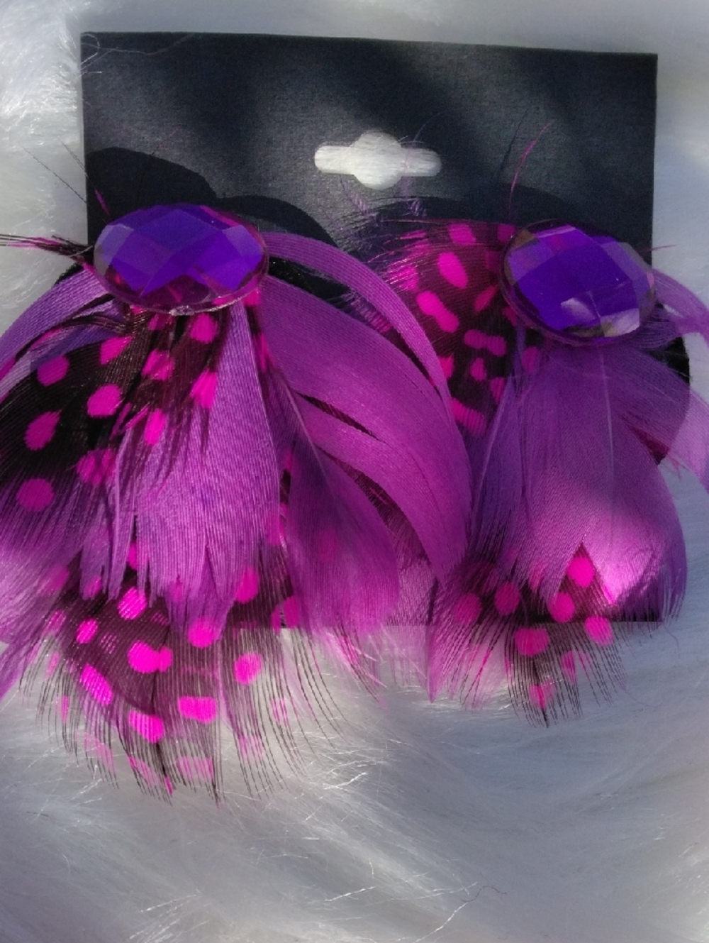 Purple Feather Drop Earrings with Gem Accent